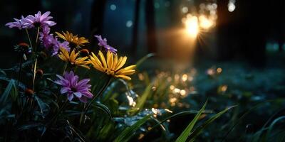 Wildflowers bloom in the forest as sunlight filters through trees during golden hour photo