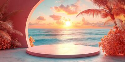 Beautiful sunset overlooking the ocean from a tropical balcony with lush foliage and a circular opening photo