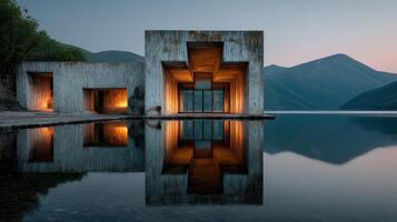 Modern architectural structure by the lake at dusk with reflected mountains in the background photo
