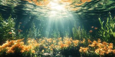 Underwater garden filled with vibrant flowers and sunlight filtering through water in a serene environment photo