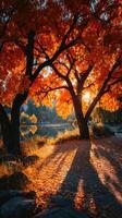 Vibrant autumn foliage by the lake at sunset creating a picturesque landscape in a serene natural setting photo