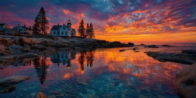 Vibrant sunset over coastal lighthouse with colorful reflections in serene water at twilight photo