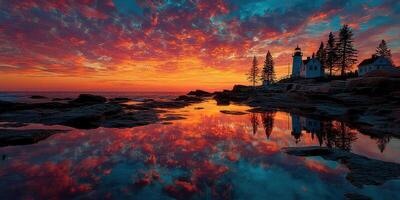 Vibrant sunset reflecting on coastal rocks near a lighthouse and pine trees at dusk photo