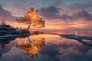 Sunset reflection of a tree adorned with lights by the water during winter in an enchanting landscape photo