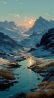 Majestic mountain valley at sunset with a tranquil river reflecting the vibrant sky photo