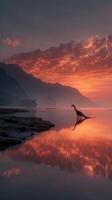 Dinosaur silhouette at sunrise along a serene lake with majestic mountains and colorful clouds photo