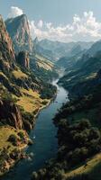 Scenic landscape view of a winding river surrounded by mountains in daylight photo