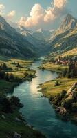 Stunning view of a serene river flowing through mountains near a quaint village at sunset in a picturesque valley photo