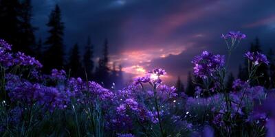 Vibrant purple flowers bloom in a serene field at sunset with a dramatic sky and silhouetted trees in the background photo