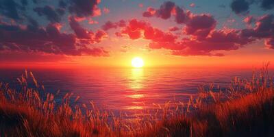 Stunning sunset over calm ocean with vibrant colors and wispy clouds illuminating the sky near a grassy shoreline photo