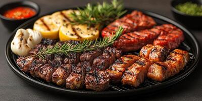Delicious grilled meat assortment with vegetables and herbs on black plate at a summer barbecue gathering photo