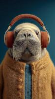 Walrus wearing headphones and a cozy sweater, enjoying music in a warm indoor setting photo