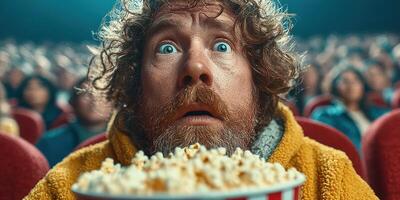 Excited moviegoer reacting enthusiastically while enjoying popcorn at a packed cinema during a thrilling scene photo