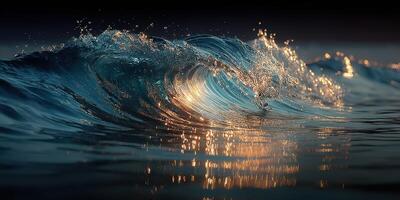 Beautiful ocean wave reflects golden sunlight during early morning hours creating a serene atmosphere photo