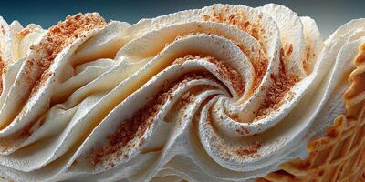 Creamy swirls of whipped topping with crushed nuts on a crispy waffle cone photo