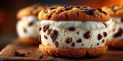 Delicious ice cream sandwich with chocolate chip cookies and creamy filling displayed on a rustic wooden table in warm lighting photo
