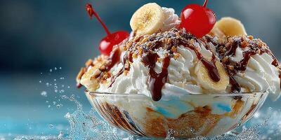 Delicious sundae topped with cherries and bananas served on a bright blue background photo