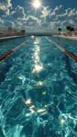 Bright sun reflects on a serene swimming pool during midday at a leisure facility photo