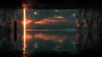 Reflection of sunset light through an open doorway into a calm water-filled room photo
