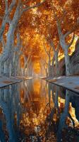 Stunning autumn pathway with bright orange leaves reflecting on tranquil water photo