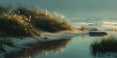 Tranquil waterway at dawn with lush grass and gentle waves along the shoreline photo