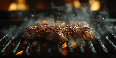 Grilling juicy steaks over open flame in a backyard barbecue during a summer evening photo