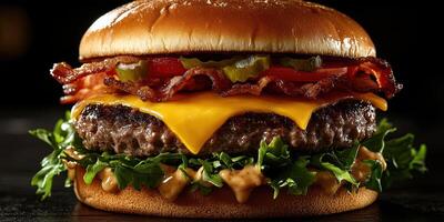 Juicy cheeseburger with crispy bacon and fresh toppings served on a toasted bun photo
