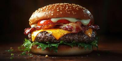 Juicy cheeseburger with bacon and fresh toppings served in a rustic setting at a casual eatery photo