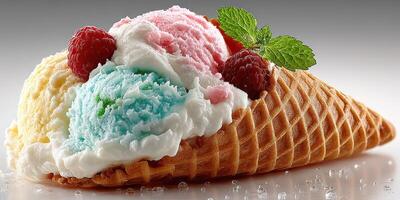 Colorful ice cream cone with raspberry and mint garnishes served in a waffle cone on a textured background photo
