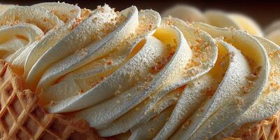 Delicious creamy swirl of soft serve ice cream served in a classic waffle cone on a summer afternoon photo
