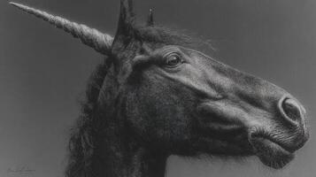 Black unicorn portrait capturing mythical elegance in a dramatic monochrome setting photo