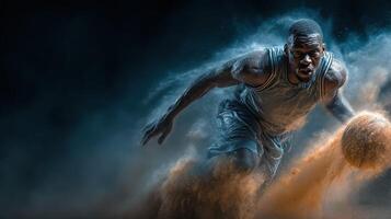 Dynamic basketball player dribbling through dust on outdoor court during a late afternoon practice session photo