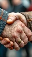 Two hands shake firmly in a display of friendship and agreement during a community gathering in an outdoor setting photo