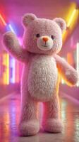 Cute pink teddy bear standing with a friendly wave in a vibrant, colorful setting filled with neon lights photo