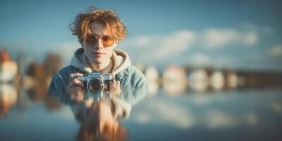 Young person holding a camera captures reflections by the water in a serene lakeside setting during golden hour photo