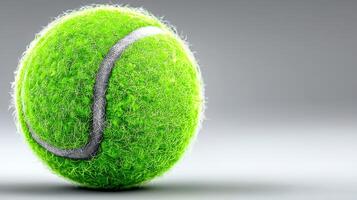 Bright green tennis ball resting on a smooth surface, highlighting its texture and vibrant color in a studio setting photo