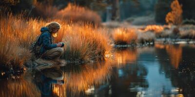 Individual sits peacefully by a serene river surrounded by golden grass during twilight hours in nature photo