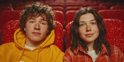 Young friends enjoying a movie together in a cozy cinema with vibrant red seating photo