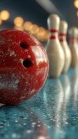 Striking moments at the bowling alley with a vibrant red ball and white pins photo