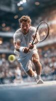 Tennis player dives for a ball during an intense match in a packed stadium under bright lights photo