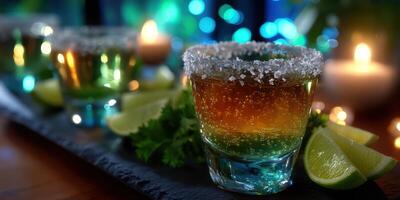 Colorful layered drinks served with lime wedges and garnished with salt in a dimly lit setting photo