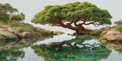 Majestic tree reflecting on still water in serene landscape during daylight photo