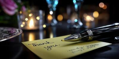 Elegant thank you note with luxury pen and romantic ambiance captured at a candlelit dinner table photo
