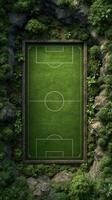 Unique soccer field nestled within lush greenery surrounded by rocks in a natural setting photo