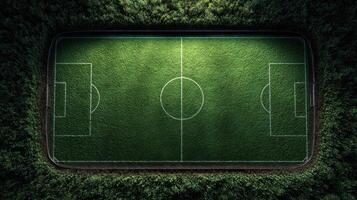 Aerial view of a lush green soccer field surrounded by dense trees in a tranquil outdoor setting photo