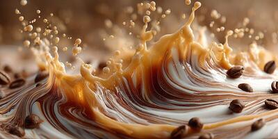 Coffee and cream create an artistic splash on a surface during a vibrant morning preparation photo