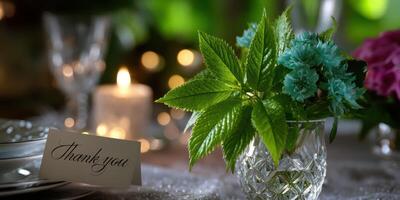Elegant dinner table setting with flowers and candlelight during an intimate gathering at night photo