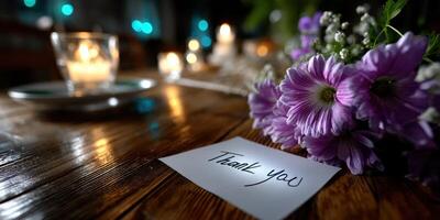 Heartfelt thank you note on a rustic table adorned with candles and fresh flowers in a cozy setting photo