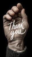 Hands expressing gratitude with the phrase thank you written on the palm in a creative design photo