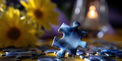 Puzzle piece surrounded by bright flowers and soft candlelight creates a serene atmosphere in a cozy indoor setting photo